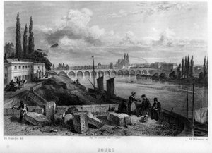 Vista da cidade de Tour, Indre-et-Loire (Indre et Loire), Centro, França. Gravura de Willmann em "La France ancienne et moderne" de Jean-Bernard Mary-Lafon (Jean Bernard Mary Lafon)
