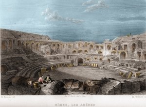 Les arenes de Nimes, Gard, Languedoc-Roussillon (Languedoc Roussillon), França. Gravura de Willmann em "La France ancienne et moderne" de Jean-Bernard Mary-Lafon (Jean Bernard Mary Lafon)