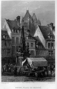 Mercado da cidade de Noyon, Oise, Picardie, França. Gravura de Willmann em "La France ancienne et moderne" de Jean-Bernard Mary-Lafon (Jean Bernard Mary Lafon)