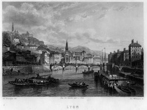 Vista da cidade de Lyon, departamento de Rhone, região de Rhone-Alpes, França. Gravura de Willmann em "La France ancienne et moderne" de Jean-Bernard Mary-Lafon (Jean Bernard Mary Lafon)