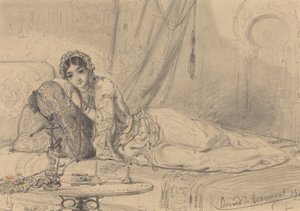 Uma mulher do Oriente Médio reclinada em um ambiente exótico
