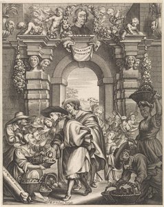 Dois cavalheiros compram cogumelos no mercado
Ilustração do título para: F. van Sterbeeck, Theatrum Fungorum out het tooneel der Campernoelien, 1675 de Edouard van Ordonie