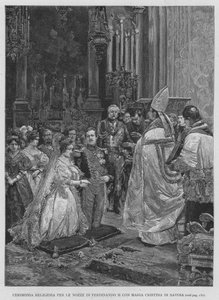 Cerimônia religiosa para o casamento de Fernando II com Maria Christina de Sabóia (gravura) de Edouardo Matania