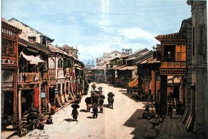 Uma rua em Hong Kong em meados do século XIX (cor litho) de Eduard (after) Hildebrandt