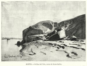 Margens do Rio Nilo perto de Kom Ombo, Egipto (litho) de Eduard (after) Hildebrandt