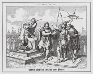 Alarico I destronando o imperador romano Átalo, 410 (gravura)