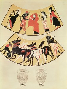 Desenhos de um vaso etrusco representando uma procissão de sacerdotes e marcando os novos limites da cidade usando um arado puxado por bois de Eduard Gerhardt