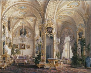 Interiores do Palácio de inverno. A sala de estar em estilo rococó com cupidos, década de 1860