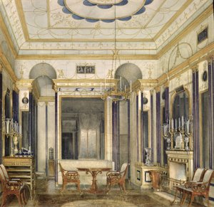 A Sala de Estar da Imperatriz Maria Alexandrovna no Grande Palácio em Tsarskoye Selo (wc, guache e tinta sobre papel) de Eduard Hau