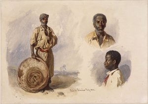 Três retratos de afro-brasileiros: de corpo inteiro, em pé com um cesto, um retrato de peito de um homem de frente e outro de um rapaz de perfil