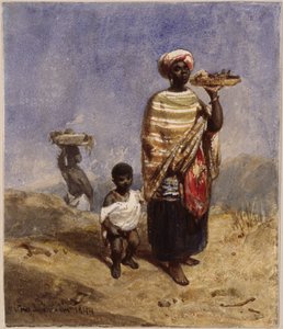 Uma mulher afro-brasileira que conduz um menino pela mão direita e sustenta uma fruteira com a mão esquerda de Eduard Hildebrandt
