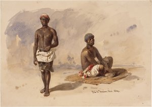 Dois afro-brasileiros; um de pé, de frente, o outro sentado numa esteira de canas de Eduard Hildebrandt