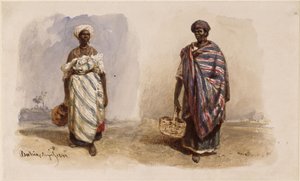 Duas mulheres afro-brasileiras com xailes, uma com cântaro de água, a outra com cesto de Eduard Hildebrandt