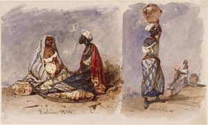 Duas cenas com vendedoras ambulantes da Bahia, sentadas e de pé de Eduard Hildebrandt