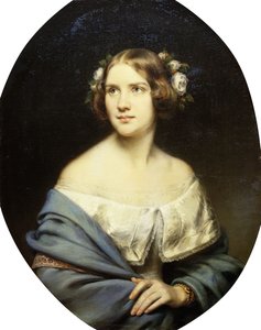 Retrato de Jenny Lind, com metade do comprimento em um vestido branco e um xale azul claro,