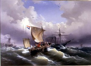 Navios em Choppy Water off a Coastline de Eduard Schmidt