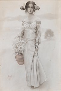 Uma garota com um jarro e um buquê de flores, 1914.
