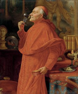 Cardeal a testar o bouquet de um vinho branco (num copo veneziano). Por volta de 1900.