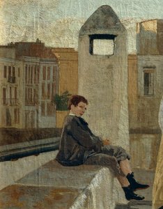 O terraço, de Edoardo Dalbono (1841-1915), óleo sobre painel, 45x30 cm. Detalhe.