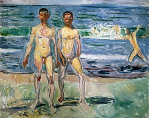 Pintura de banhistas de Edvard Munch (1863-1944) 1940-1942 Sun. 149,5x120 cm Viena, Museu Kunsthistorisches, Galeria Nue em der Stallburg de Edvard Munch
