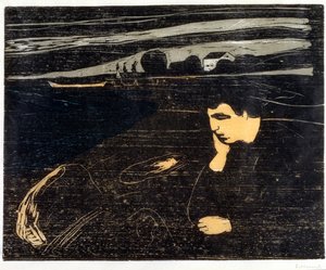 Noite, melancolia: na praia (Abend, Melancholie am Strand) (xilogravura) de Edvard Munch
