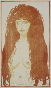 Mulher nua com cabelo ruivo e olhos verdes
Nu em pé com cabelo ruivo, c. 1901 de Edvard Munch
