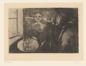 Mulher e homem fumador de cachimbos à mesa
Tête-à-Tête (título original) de Edvard Munch