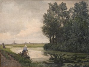 paisagem holandesa. Uma menina lava por um canal