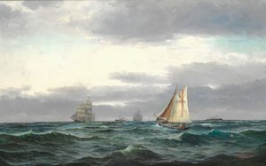 Marinha com vários navios, nuvens cinzentas chuvosas e um pouco de céu azul de Edvard Skari