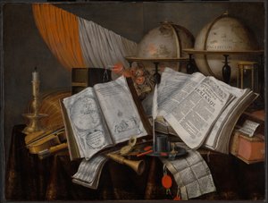 Uma Vanitas Still Life com uma bandeira, castiçal, instrumentos musicais, livros, parafernália de escrita, globos e ampulheta de Edwaert Collier