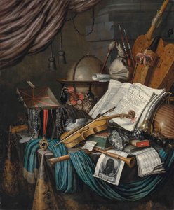Um globo, um caixão de jóias e medalhões, livros, uma bainha, uma gaita de foles, um alaúde, um violino, uma tazza de prata virada para cima e um roemer, uma concha de nautilus, um gravador, um xale, uma gravura com um auto-retrato do artista e uma partitu