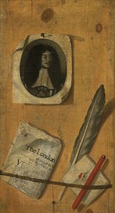 Um porta-cartas trompe-l &39;oeil, com uma gravura do rei Carlos II, um jornal, uma pena, uma caneta e um canivete de Edwaert Colyer or Collier