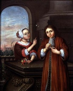 Menina apontando para um menino soprando bolhas em um ambiente arquitetônico de Edwaert Colyer or Collier