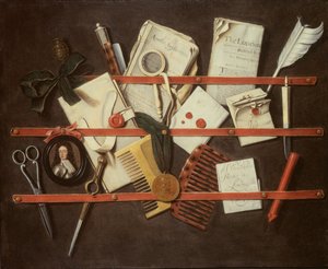 Trompe loeil carta rack com um retrato em miniatura de um jovem em armadura, 1697 (painel) de Edwaert Colyer or Collier