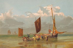 Barcos de pesca a sair, ao largo de Norfolk (litografia a cores)