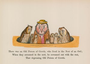 Havia um velho de Crowle, que vivia no ninho de uma coruja (gravura a cores) de Edward (after) Lear