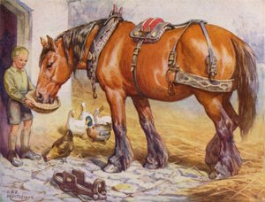 Menino alimentando um cavalo em um curral (lito colorido)