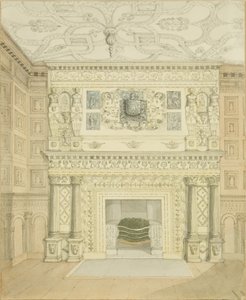 Chaminé, Great Oak Room, Red Lodge (lápis e aguarela sobre papel) de Edward Cashin
