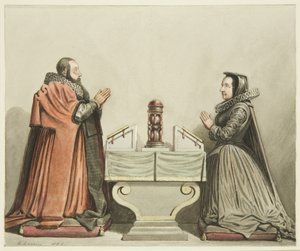 Figuras de Robert Aldworth e sua Esposa na Igreja de São Pedro (lápis e aguarela sobre papel)