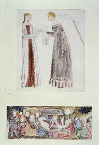 No.1084-f.10 (TtoB) Duas Criadas, uma cópia de O Nascimento de Maria por Giovanni da Milano da Capela Rinuccini, Florença; A Lamentação (aquarela, lápis) de Edward Coley Burne Jones