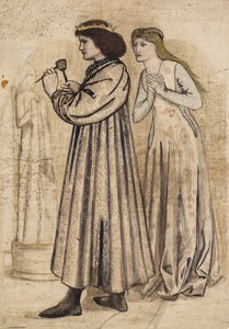Cena do rei René a esculpir uma figura enquanto é observado pela sua nova noiva (caneta e tinta-da-china com lavagem e lápis sobre papel) de Edward Coley Burne Jones