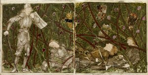 Um conjunto de dezesseis peças dispostas em pares para formar oito ilustrações do conto "Briar Rose", 1862 - 1865 (cerâmica) de Edward Burne Jones