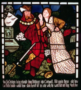 Isolde the Fair tenta se matar, de "A História de Tristão e Isolda", William Morris und Co. (vitral) de Edward Burne Jones