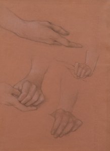 Estudos das Mãos para o Retrato de Mary Gaskell (giz preto e branco sobre papel) de Edward Burne Jones