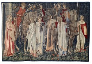 O Armar e Partida dos Cavaleiros, tapeçaria desenhada pelo artista e tecida por Morris & Co., 1895-96 de Edward Burne Jones