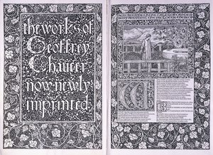 Página de título e página de abertura da edição de Kelmscott Press de "Os Trabalhos de Geoffrey Chaucer", 1896 de Edward Burne Jones