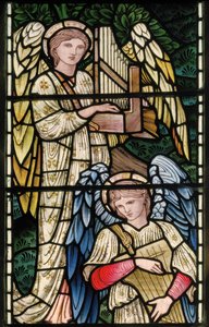 Wilden, Todos os Santos, Morris & Co., Edward Burne-Jones, John Henry Dearle (1859-1932), Anjos do Paraíso, Anjo Músicos, detalhe, 1902-1914, Louisa, Alfred, Os Baldwins, Primeiro Ministro, Metodista, Wo de Edward Coley and Dearle Burne Jones