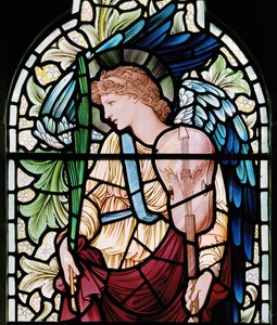 Wilden, todos os Santos, Morris & Co., Edward Burne-Jones, John Henry Dearle (1859-1932), o anjo de menestrel, músico de anjo, detalhe, 1902-1914, Louisa, Alfred, os Baldwins, primeiro-ministro, metodista, Wor