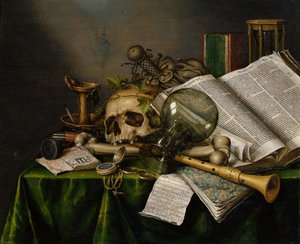 Vanitas. Natureza morta com livros, manuscritos e uma caveira