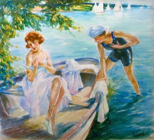 Dia de verão no lago com duas jovens num barco de Edward Cucuel
